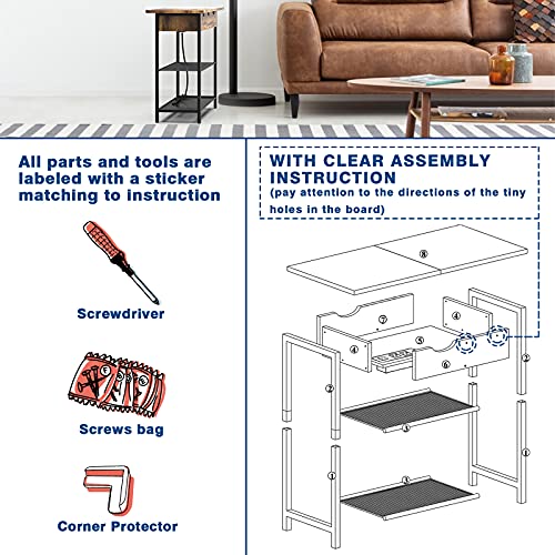 SAUCE ZHAN Sofa Side Table with USB Ports and Outlets, Narrow End Table with Storage Shelf for Small Spaces Bedside Nightstand with Charging Station for Living Room, Bedroom, Brown