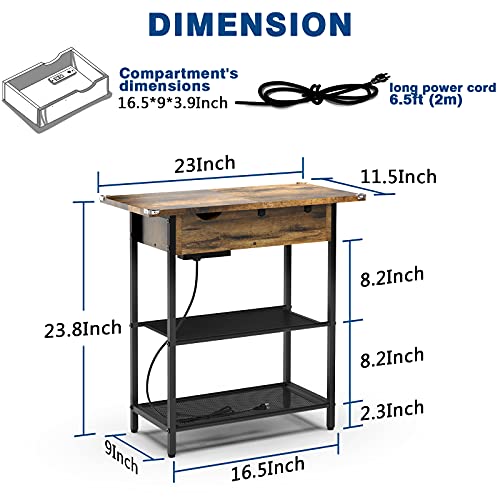 SAUCE ZHAN Sofa Side Table with USB Ports and Outlets, Narrow End Table with Storage Shelf for Small Spaces Bedside Nightstand with Charging Station for Living Room, Bedroom, Brown