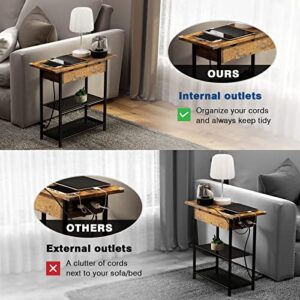 SAUCE ZHAN Sofa Side Table with USB Ports and Outlets, Narrow End Table with Storage Shelf for Small Spaces Bedside Nightstand with Charging Station for Living Room, Bedroom, Brown