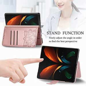 Ysnzaq Samsung Galaxy Z Fold3 5G Wallet Phone Case,3D Butterfly Embossed PU Leather Magnetic Clasp Case with Credit Card Slots Holder Cover for Samsung Galaxy Z Fold3 5G Rhinestone Rose Gold