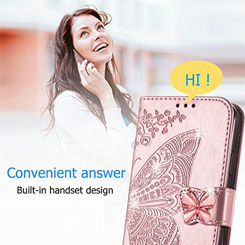 Ysnzaq Samsung Galaxy Z Fold3 5G Wallet Phone Case,3D Butterfly Embossed PU Leather Magnetic Clasp Case with Credit Card Slots Holder Cover for Samsung Galaxy Z Fold3 5G Rhinestone Rose Gold