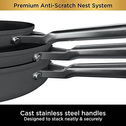 Ninja C53000 Foodi NeverStick Premium 3-Piece Fry Pan Set, Anti-Scratch Nesting Cookware, Hard-Anodized, Nonstick, Durable & Oven Safe to 500°F, Slate Grey