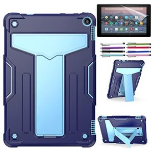 epicgadget case for amazon fire hd 10 and fire hd 10 plus (11th generation, 2021 released) - heavy duty shockproof hybrid case with kickstand + 1 screen protector film and 1 stylus (navy blue/blue)