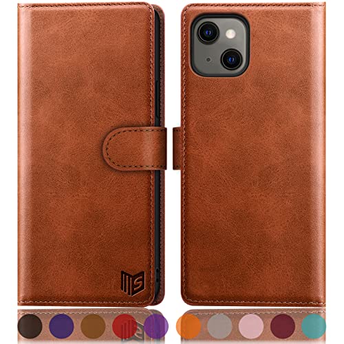 SUANPOT for iPhone 13（NON 13Pro）6.1 inch 5G with RFID Blocking Wallet case Credit Card Holder,Flip Book PU Leather Phone case Shockproof Cover cellphone Women Men for Apple 13 case Wallet Light Brown