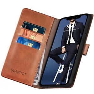 SUANPOT for iPhone 13（NON 13Pro）6.1 inch 5G with RFID Blocking Wallet case Credit Card Holder,Flip Book PU Leather Phone case Shockproof Cover cellphone Women Men for Apple 13 case Wallet Light Brown