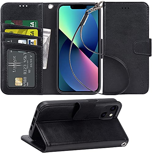 Arae Compatible with iPhone 13 Case [Not for iPhone 13 Pro] with Card Holder and Wrist Strap Wallet Flip Cover for iPhone 13 6.1 inch-Black