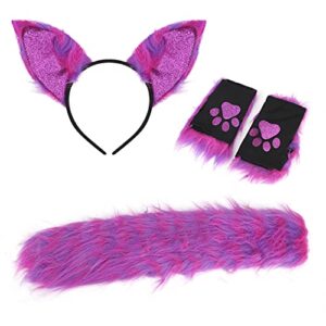 cat wolf fox tail faux fur ear headband and paw gloves set for adult children halloween christmas fancy party costume gifts animal cosplay accessories (purple-red)