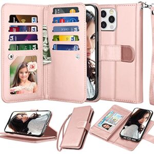 NJJEX Compatible with iPhone 13 Pro Case/iPhone 13 Pro Wallet Case 6.1" (2021), [9 Card Slots] PU Leather ID Credit Holder Folio Flip [Detachable] Kickstand Magnetic Phone Cover & Lanyard [Rose Gold]