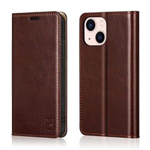 belemay compatible with iphone 13 wallet case, protective genuine leather flip with rfid blocking card holders [undetachable soft interior shell] folio phone cover for men women (6.1-inch 2021) brown