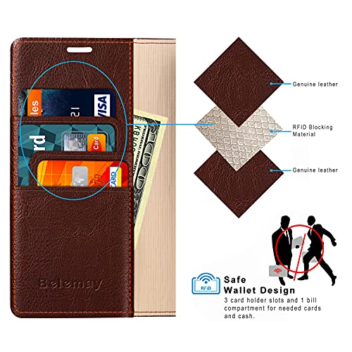 Belemay Compatible with iPhone 13 Wallet Case, Protective Genuine Leather Flip with RFID Blocking Card Holders [Undetachable Soft Interior Shell] Folio Phone Cover for Men Women (6.1-inch 2021) Brown