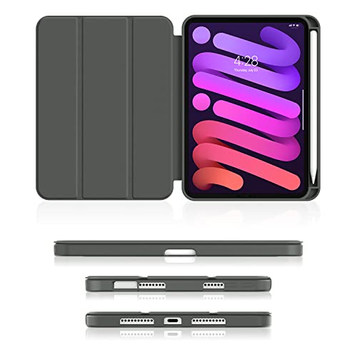 Soke iPad Mini 6 Case 2021 6th Generation with Pencil Holder-[Shockproof Protection + 2nd Gen Apple Pencil Charge + Auto Sleep/Wake], Soft TPU Back Cover for iPad Mini 6th Gen 8.3 inch (Dark Grey)