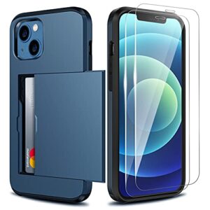 zuslab wallet case compatible with apple iphone 13 2021 phone case with card holder shockproof anti scratch cover with tempered glass screen protectors[x2pack] dark blue