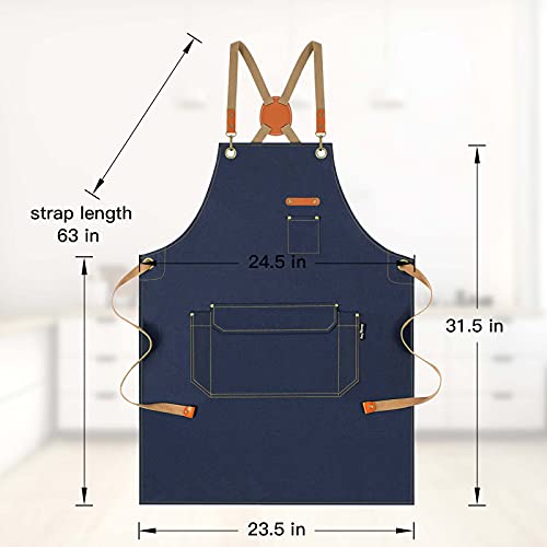 RockyToy Chef Apron with Cross Back Straps for Men Women, Cotton Canvas Apron for Artists Painting, Kitchen Cooking, Navy Blue