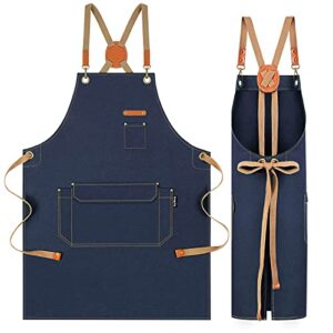 rockytoy chef apron with cross back straps for men women, cotton canvas apron for artists painting, kitchen cooking, navy blue