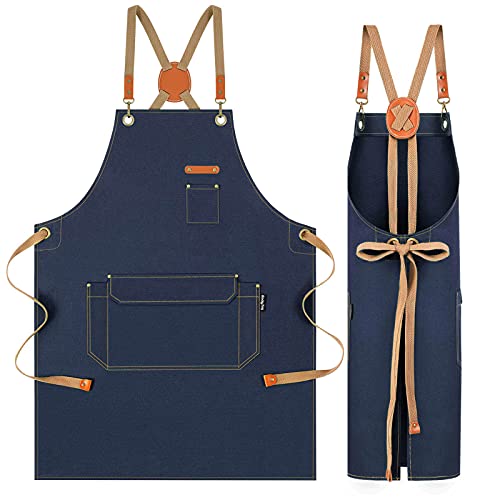 RockyToy Chef Apron with Cross Back Straps for Men Women, Cotton Canvas Apron for Artists Painting, Kitchen Cooking, Navy Blue