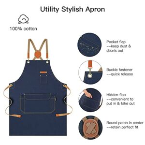 RockyToy Chef Apron with Cross Back Straps for Men Women, Cotton Canvas Apron for Artists Painting, Kitchen Cooking, Navy Blue