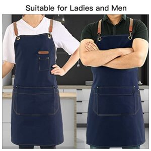 RockyToy Chef Apron with Cross Back Straps for Men Women, Cotton Canvas Apron for Artists Painting, Kitchen Cooking, Navy Blue