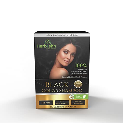 Herbishh Hair Color Shampoo for Gray Hair– Hair Dye Shampoo with Argan Hair Mask–Travel size-Colors Hair in Minutes–Long lasting colour–10pack+1pack–Ammonia-Free (Black)