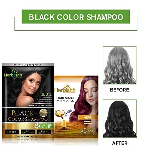 Herbishh Hair Color Shampoo for Gray Hair– Hair Dye Shampoo with Argan Hair Mask–Travel size-Colors Hair in Minutes–Long lasting colour–10pack+1pack–Ammonia-Free (Black)