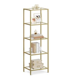 vasagle bookcase, 5-tier bookshelf, slim shelving unit for bedroom, bathroom, home office, tempered glass, steel frame, gold color ulgt029a01