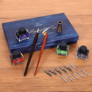 LongLongJin Calligraphy Set for Beginners-calligraphy Fountain Pen,2 Wooden Dip Pen, 12 Replaceable Stainless Steel Tips, 4 Bottles of of Ink,1pen Holder