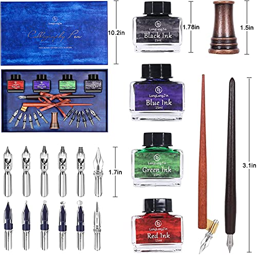 LongLongJin Calligraphy Set for Beginners-calligraphy Fountain Pen,2 Wooden Dip Pen, 12 Replaceable Stainless Steel Tips, 4 Bottles of of Ink,1pen Holder