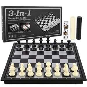 aomola travel chess set for kids and adults 3 in 1 magnetic chess checkers backgammon folding board games educational toys with storage bag, 9.8" x 9.8"