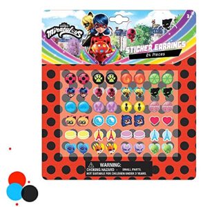 miraculous ladybug – set of 24 pairs of self-adhesive sticker earrings – jewels feature ladybug, cat noir, tikki, plagg, eiffel tower