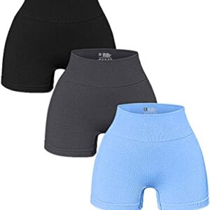 OQQ Women's 3 Piece Yoga Ribbed Seamless Workout High Waist Athletic Legging Shorts, Black Grey Candyblue, Small