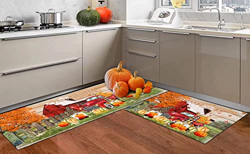 Z&L Home Kitchen Mat and Rug Set of 2 Thanksgiving Fall Farm Absorbent Bath Floor Mat Soft Non Slip Doormats Dwarfs with Pumpkins Retro Truck Wood Barn Plank Runner Carpets for Laundry Bedroom