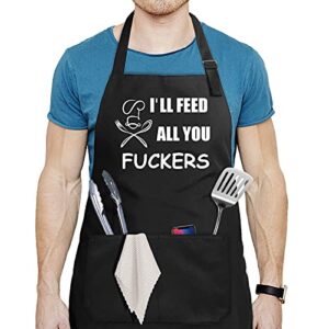 jmyjtshdp funny apron for men, chef bib apron with 2 pockets, adjustable neck strap and 40" long ties – perfect for kitchen cooking, bbq, baking, gifts for husband, dad, wife, mom.