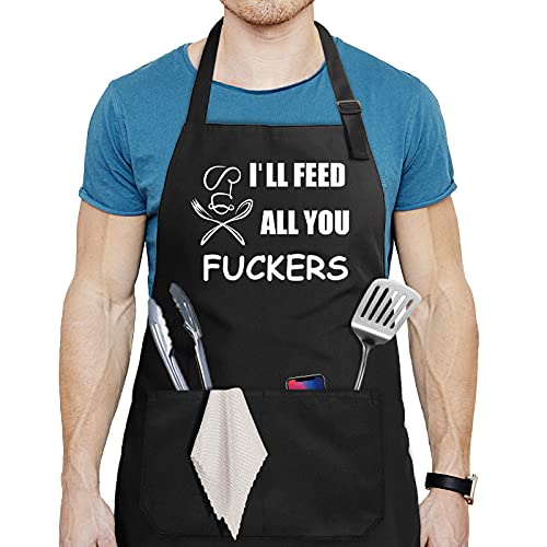 JMYJTSHDP Funny Apron for Men, Chef Bib Apron with 2 Pockets, Adjustable Neck Strap and 40" Long Ties – Perfect for Kitchen Cooking, BBQ, Baking, Gifts for Husband, Dad, Wife, Mom.