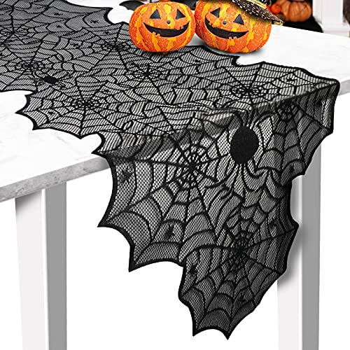 Halloween Table Runner, Black Lace Spider Web Table Runners for Halloween Table Decor, Creepy Table Cloth for Halloween Party Dinner Table Decoration 13 x 72Inch