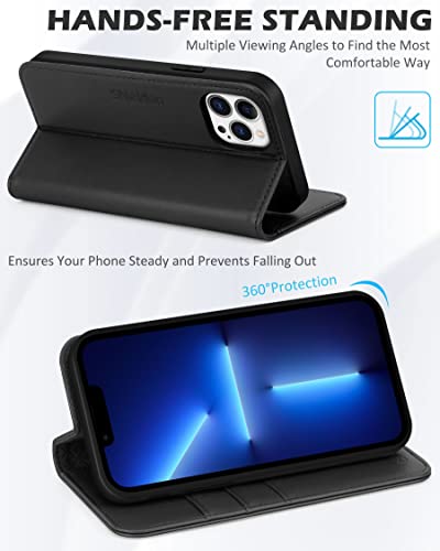 SHIELDON Case for iPhone 13 Pro 5G, Genuine Leather Wallet Case RFID Blocking Credit Card Holder Folio Magnetic Kickstand Shockproof Cover Compatible with iPhone 13 Pro 5G (6.1" 2021 Release) - Black