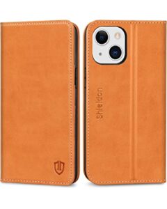 shieldon case for iphone 13 5g, genuine leather durable flip wallet kickstand rfid blocking credit card holder magnetic shockproof protective case compatible with iphone 13 (6.1" 2021 release) - brown