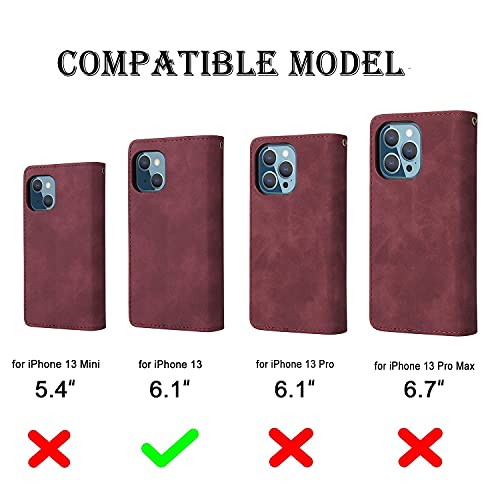 RANYOK Wallet Case Compatible with iPhone 13 (6.1 inch), Premium PU Leather Zipper Flip Folio Wallet RFID Blocking with Wrist Strap Magnetic Closure Built-in Kickstand Protective Case (Wine Red)