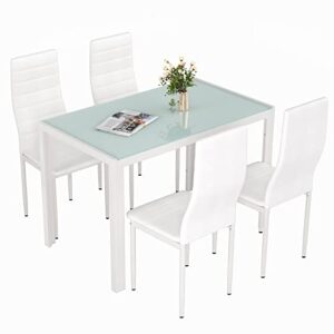 BAHOM 5 Piece Kitchen Dining Table Set for 4, Glass Dining Table and 4 Chairs PU Leather for Breakfast (White)