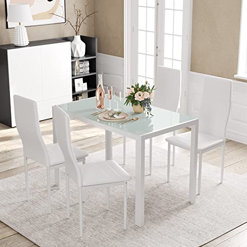 BAHOM 5 Piece Kitchen Dining Table Set for 4, Glass Dining Table and 4 Chairs PU Leather for Breakfast (White)