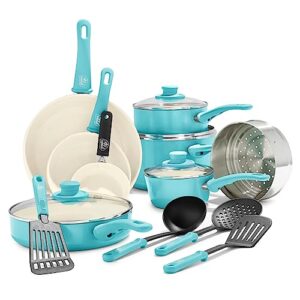 greenlife soft grip healthy ceramic nonstick 16 piece kitchen cookware pots and frying sauce pans set, pfas-free, dishwasher safe, caribbean blue