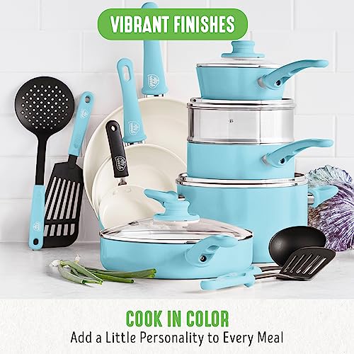 GreenLife Soft Grip Healthy Ceramic Nonstick 16 Piece Kitchen Cookware Pots and Frying Sauce Pans Set, PFAS-Free, Dishwasher Safe, Caribbean Blue