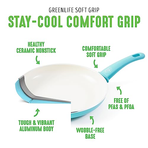 GreenLife Soft Grip Healthy Ceramic Nonstick 16 Piece Kitchen Cookware Pots and Frying Sauce Pans Set, PFAS-Free, Dishwasher Safe, Caribbean Blue