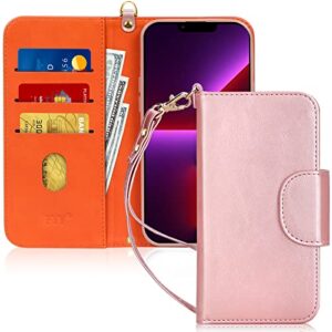 fyy compatible with iphone 13 pro max case, [kickstand feature] luxury pu leather wallet case flip folio cover with [card slots] and [note pockets] case for iphone 13 pro max 5g 6.7" rose gold