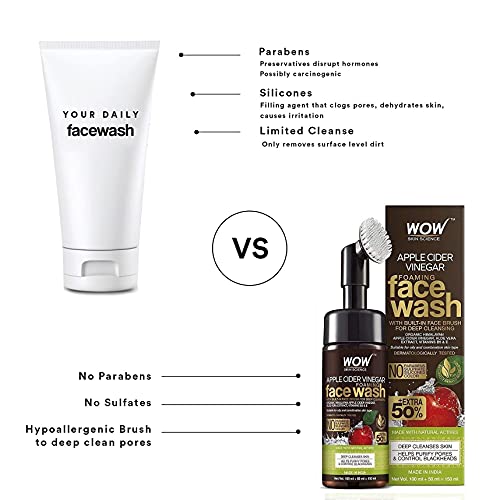 WOW Skin Science Apple Cider Vinegar Foam Exfoliating Face Wash & Brush - Facial Cleanser Acne Face Wash - Face Wash Oily Skin Gentle Face Cleanser - Natural Face Wash Sensitive Skin (5.07 Fl Oz)