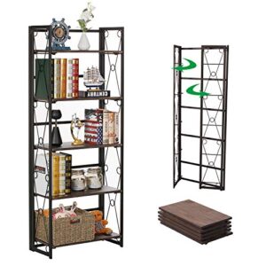 vecelo bookshelf, 5 shelf folding bookcase no assembly, industrial metal freestanding shelves rack organizer for living room, bedroom, kitchen, office, dark brown