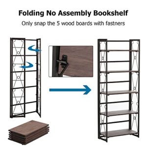 VECELO Bookshelf, 5 Shelf Folding Bookcase No Assembly, Industrial Metal Freestanding Shelves Rack Organizer for Living Room, Bedroom, Kitchen, Office, Dark Brown