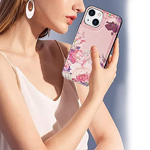 Crosspace Women Phone Wallet Case Compatible for iPhone 13 with Card Holder,Premuim Leather with Flowers add Good Feelings Charms,Easily 3 Cards,Kickstand,Raised Coner Protections(Pink,6.1inch)