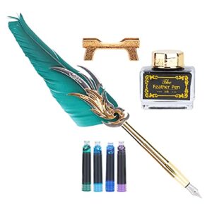 Zyyini Writing Feather Pen, Metal Retro Dip Quill Kit, Feather Pen Ink Set, for Calligraphy, Signature(Dark Green, Polar Animals)