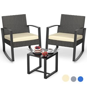 aiho 3 pieces patio furniture set, outdoor wicker bistro rocking chair sets with cushion, porch furniture set with glass table, modern rattan conversation sets for porches and balcony, beige cushion