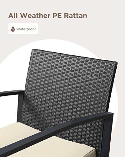 Aiho 3 Pieces Patio Furniture Set, Outdoor Wicker Bistro Rocking Chair Sets with Cushion, Porch Furniture Set with Glass Table, Modern Rattan Conversation Sets for Porches and Balcony, Beige Cushion