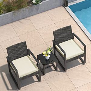 Aiho 3 Pieces Patio Furniture Set, Outdoor Wicker Bistro Rocking Chair Sets with Cushion, Porch Furniture Set with Glass Table, Modern Rattan Conversation Sets for Porches and Balcony, Beige Cushion